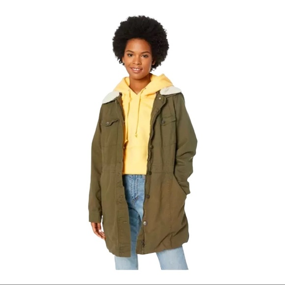 Steve Madden Walker Jacket Olive Green Sherpa Lined Zip Snap Button Cargo Jacket - Picture 1 of 7